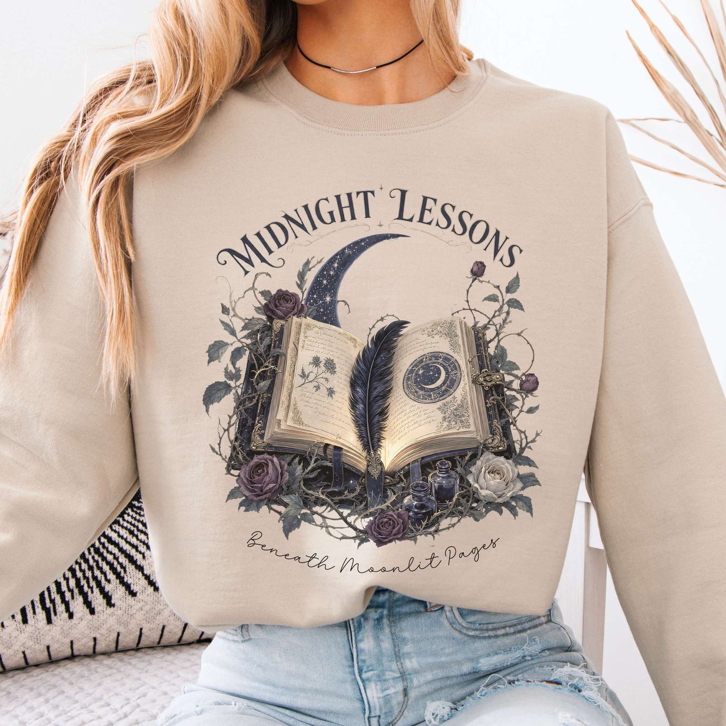 Sweatshirt Sand / S Midnight Lessons Beneath Moonlit Pages Literary Crewneck Sweatshirt The Mystic Eden
