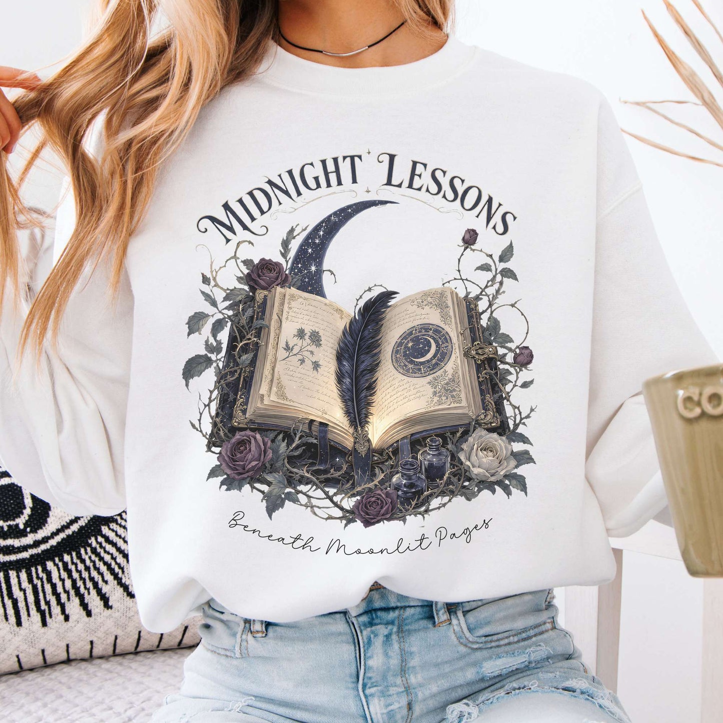 Sweatshirt White / S Midnight Lessons Beneath Moonlit Pages Literary Crewneck Sweatshirt The Mystic Eden