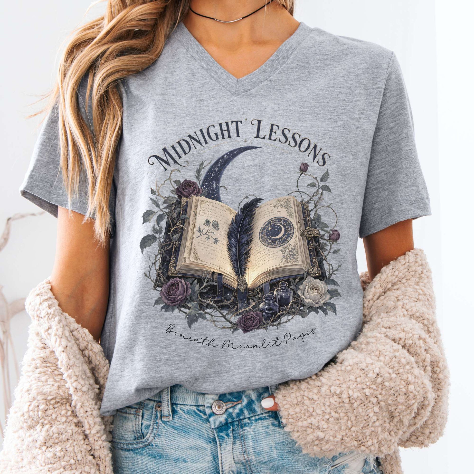 V-neck Athletic Heather / S Midnight Lessons Beneath Moonlit Pages Literary V-Neck The Mystic Eden