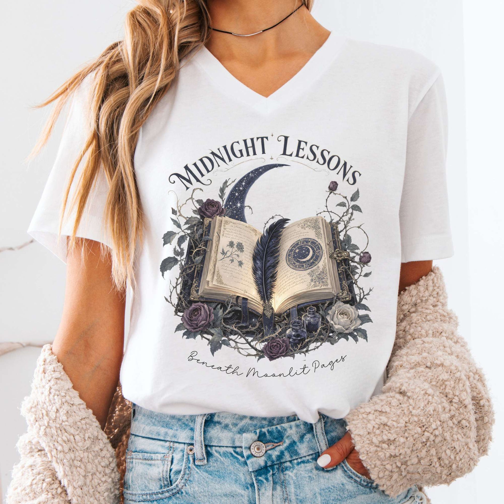 V-neck Midnight Lessons Beneath Moonlit Pages Literary V-Neck The Mystic Eden