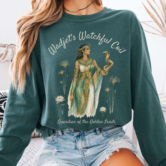 Long-sleeve Blue Spruce / S Wadjet's Watchful Coil Egyptian Mythology Long Sleeve The Mystic Eden