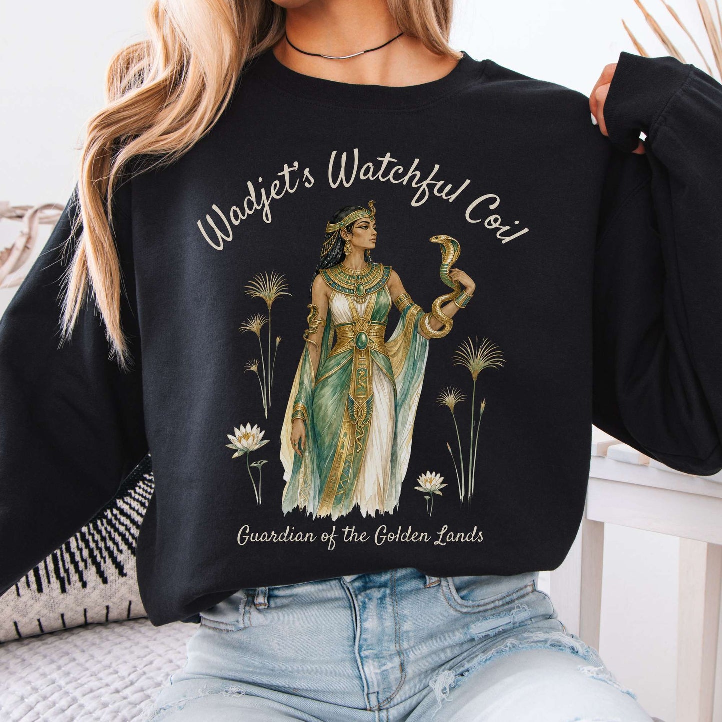 Sweatshirt Black / S Wadjet's Watchful Coil Egyptian Mythology Crewneck Sweatshirt The Mystic Eden