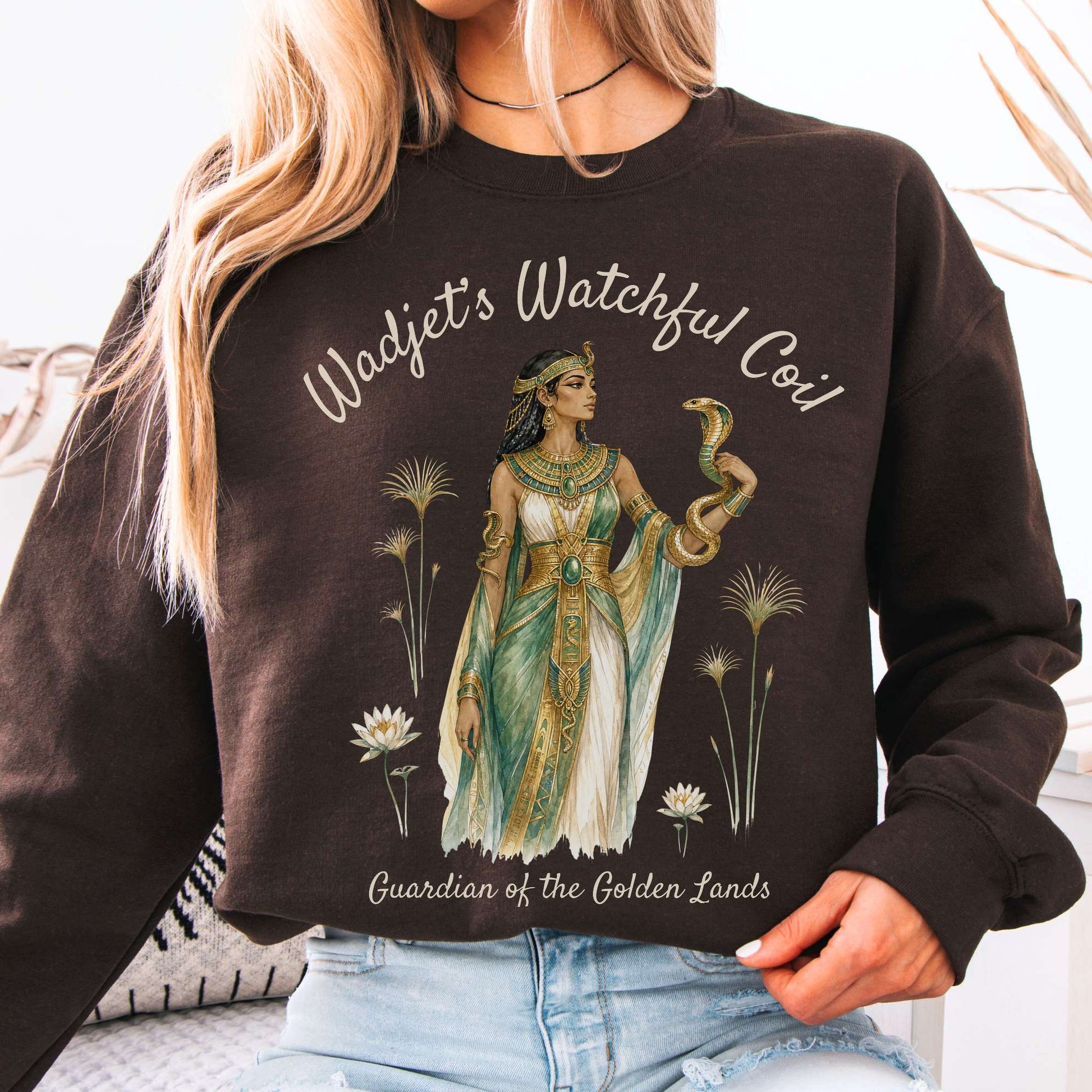 Sweatshirt Dark Chocolate / S Wadjet's Watchful Coil Egyptian Mythology Crewneck Sweatshirt The Mystic Eden
