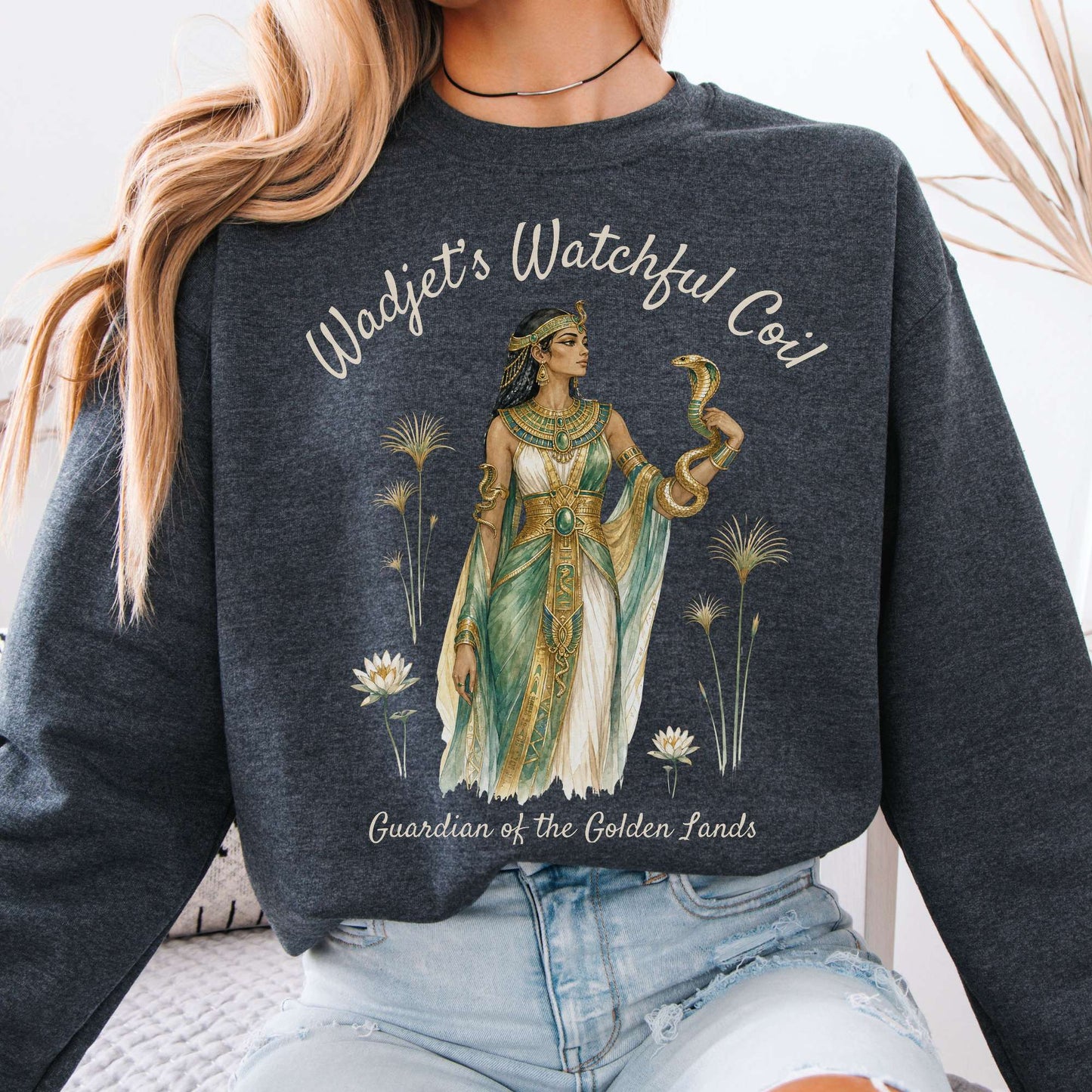 Sweatshirt Dark Heather / S Wadjet's Watchful Coil Egyptian Mythology Crewneck Sweatshirt The Mystic Eden