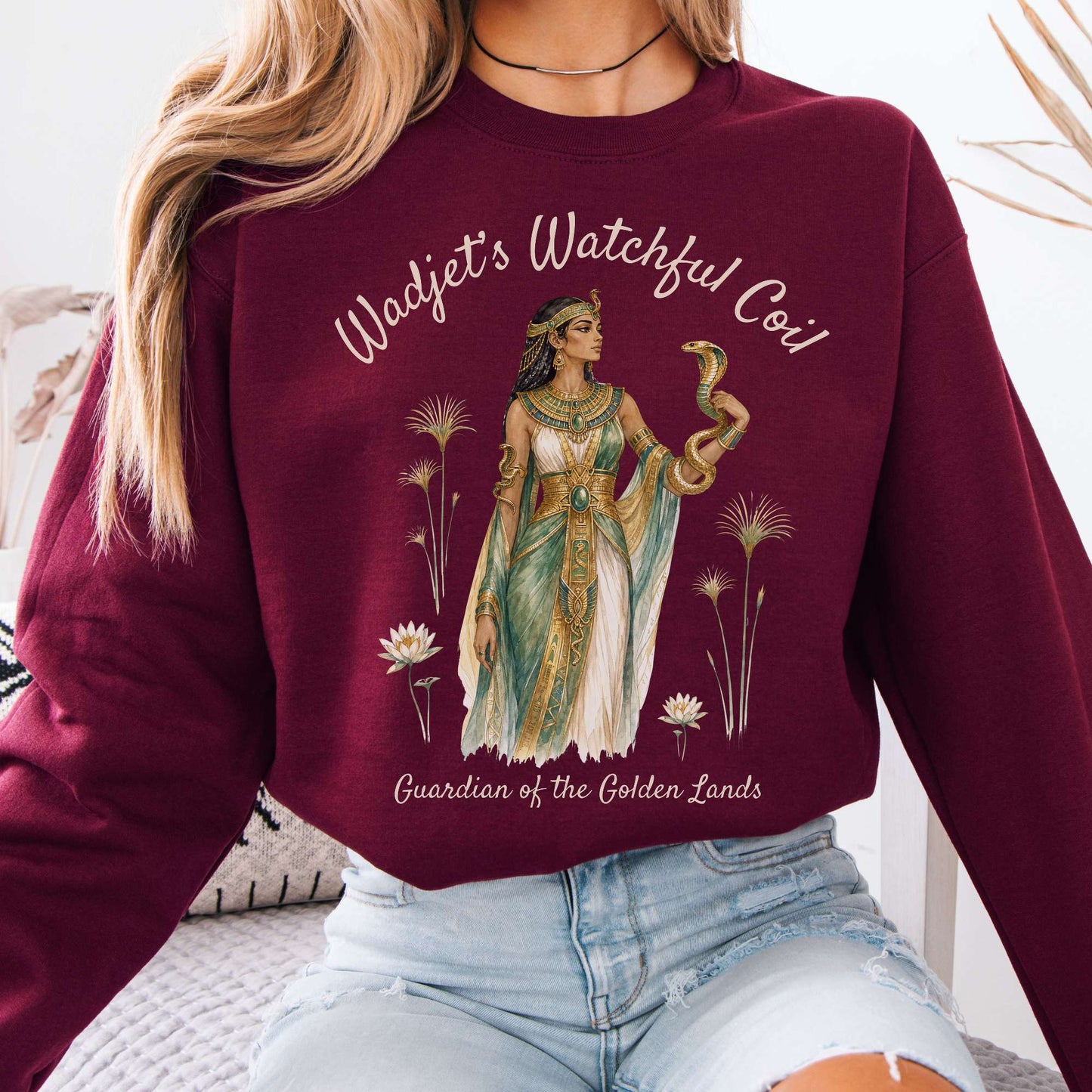 Sweatshirt Maroon / S Wadjet's Watchful Coil Egyptian Mythology Crewneck Sweatshirt The Mystic Eden