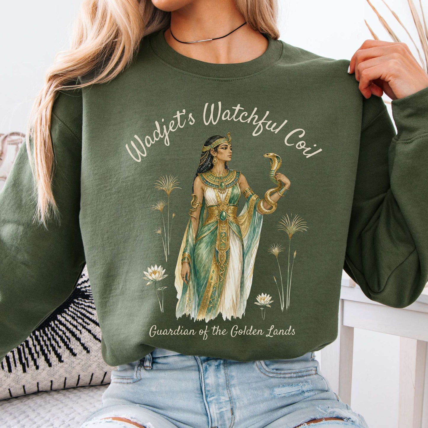 Sweatshirt Military Green / S Wadjet's Watchful Coil Egyptian Mythology Crewneck Sweatshirt The Mystic Eden