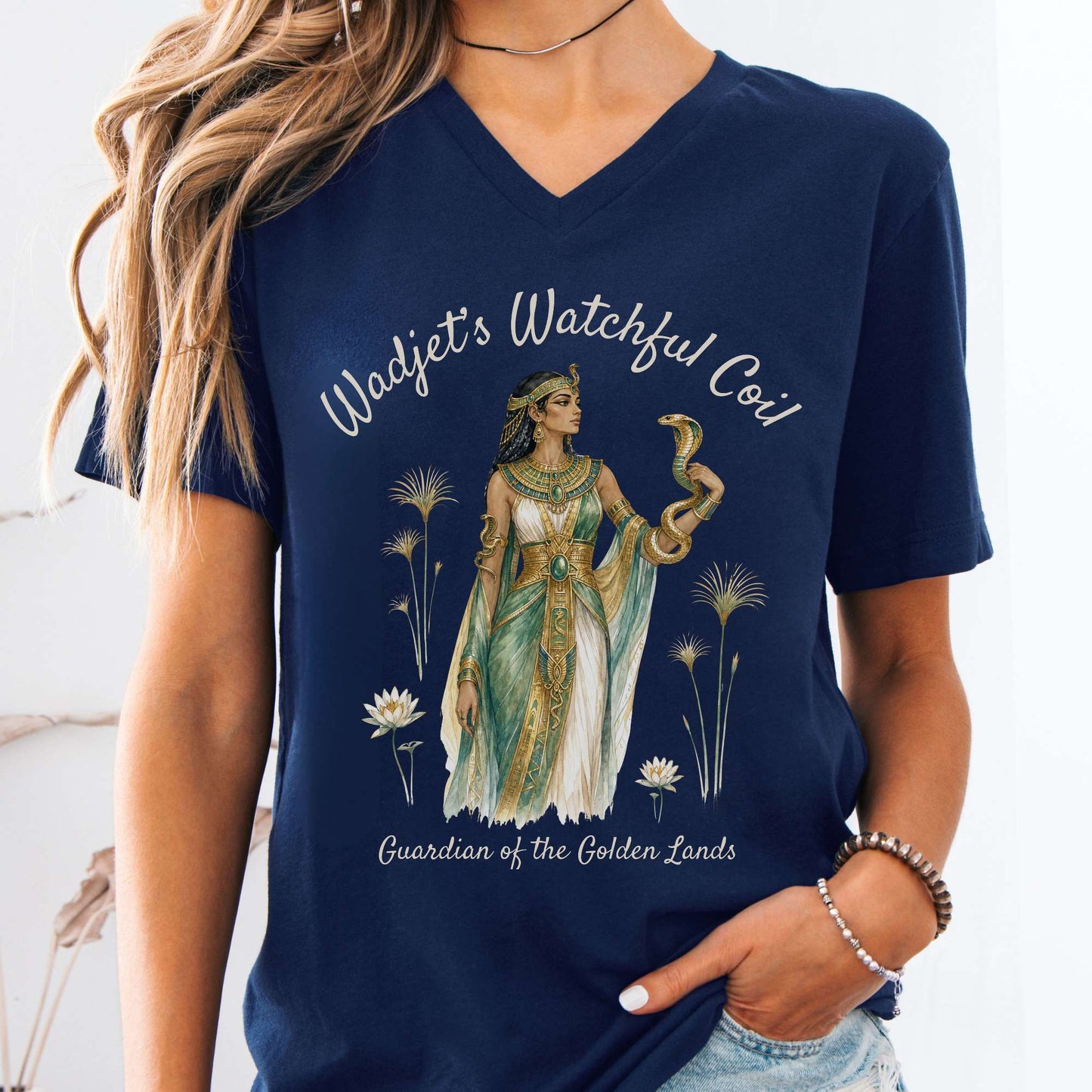 V-neck Navy / S Wadjet's Watchful Coil Egyptian Mythology V-Neck The Mystic Eden