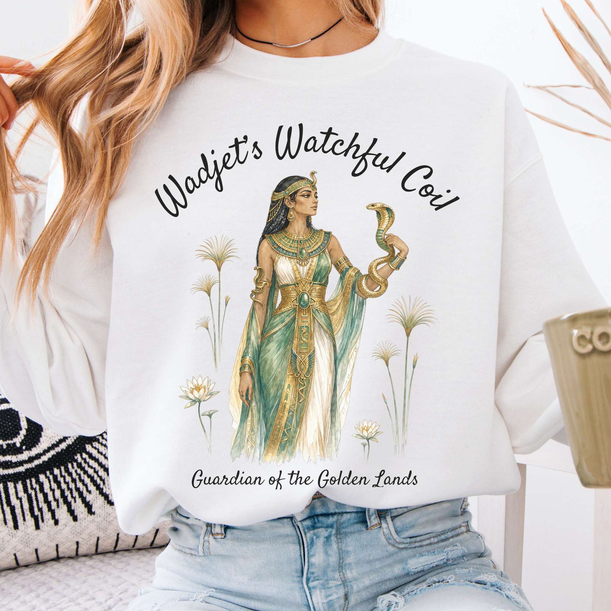 Sweatshirt White / S Wadjet's Watchful Coil Egyptian Mythology Crewneck Sweatshirt The Mystic Eden