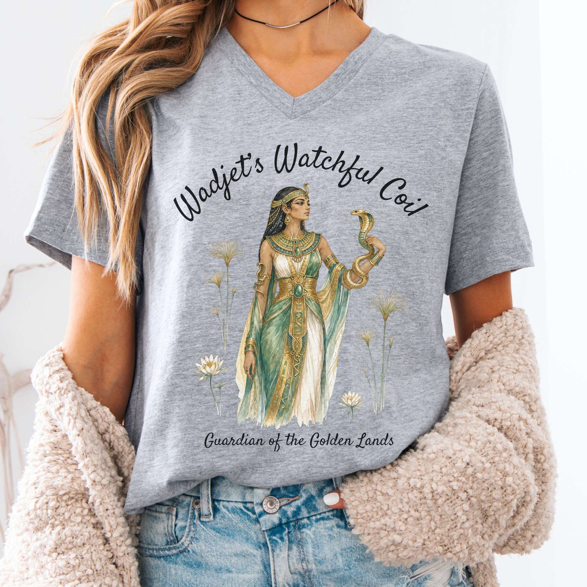 V-neck Athletic Heather / S Wadjet's Watchful Coil Egyptian Mythology V-Neck The Mystic Eden
