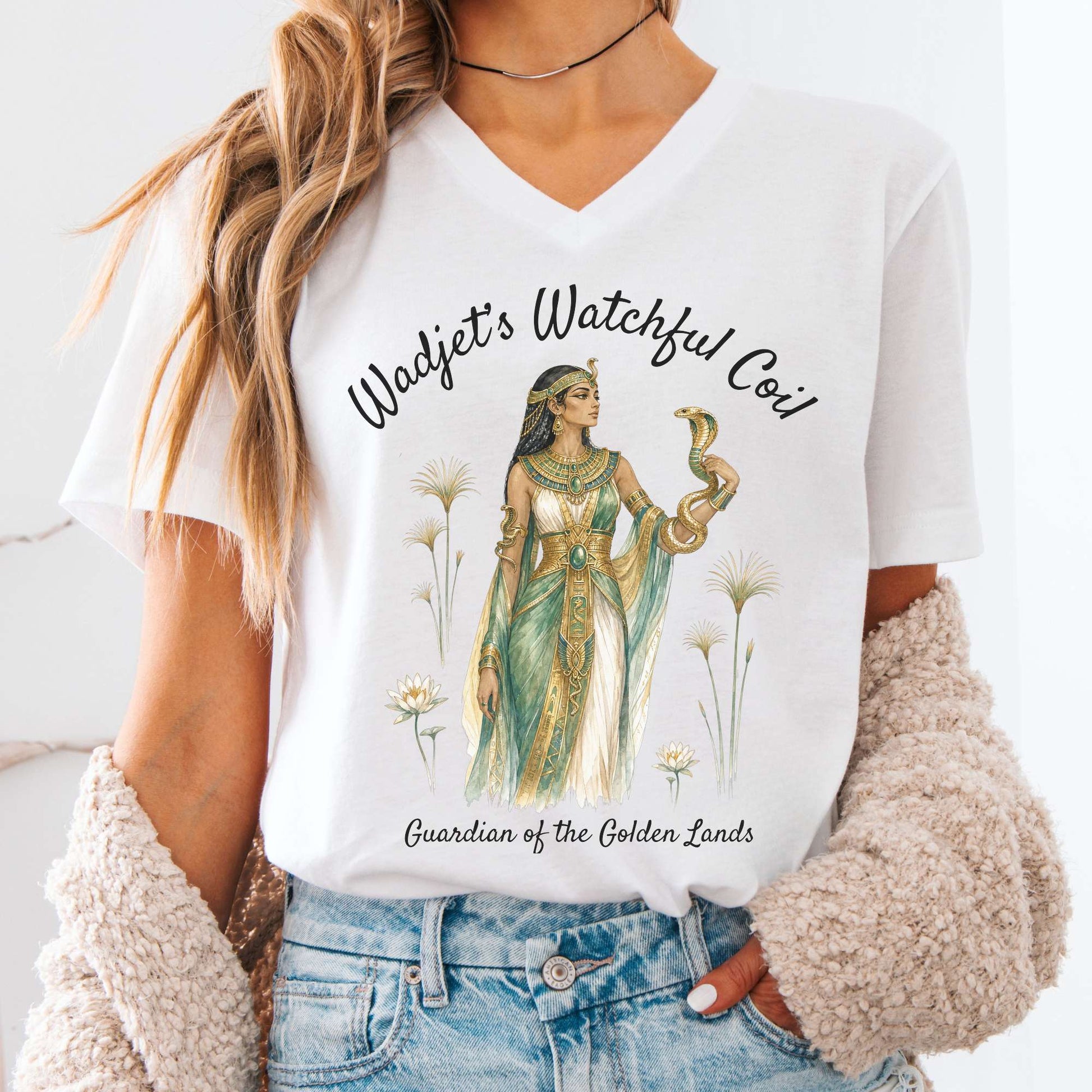 V-neck White / S Wadjet's Watchful Coil Egyptian Mythology V-Neck The Mystic Eden