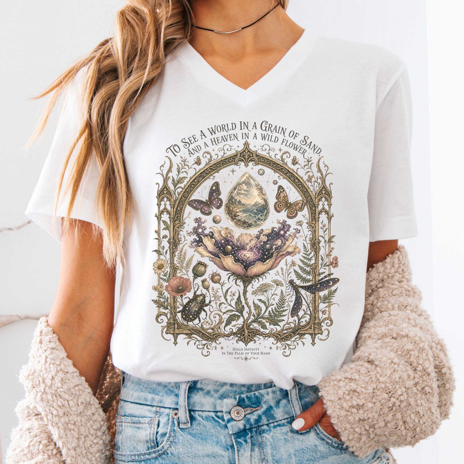 V-neck White / S To See a World in a Grain of Sand William Blake Literary V-Neck The Mystic Eden