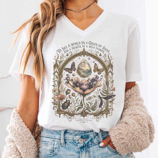 V-neck White / S To See a World in a Grain of Sand William Blake Literary V-Neck The Mystic Eden
