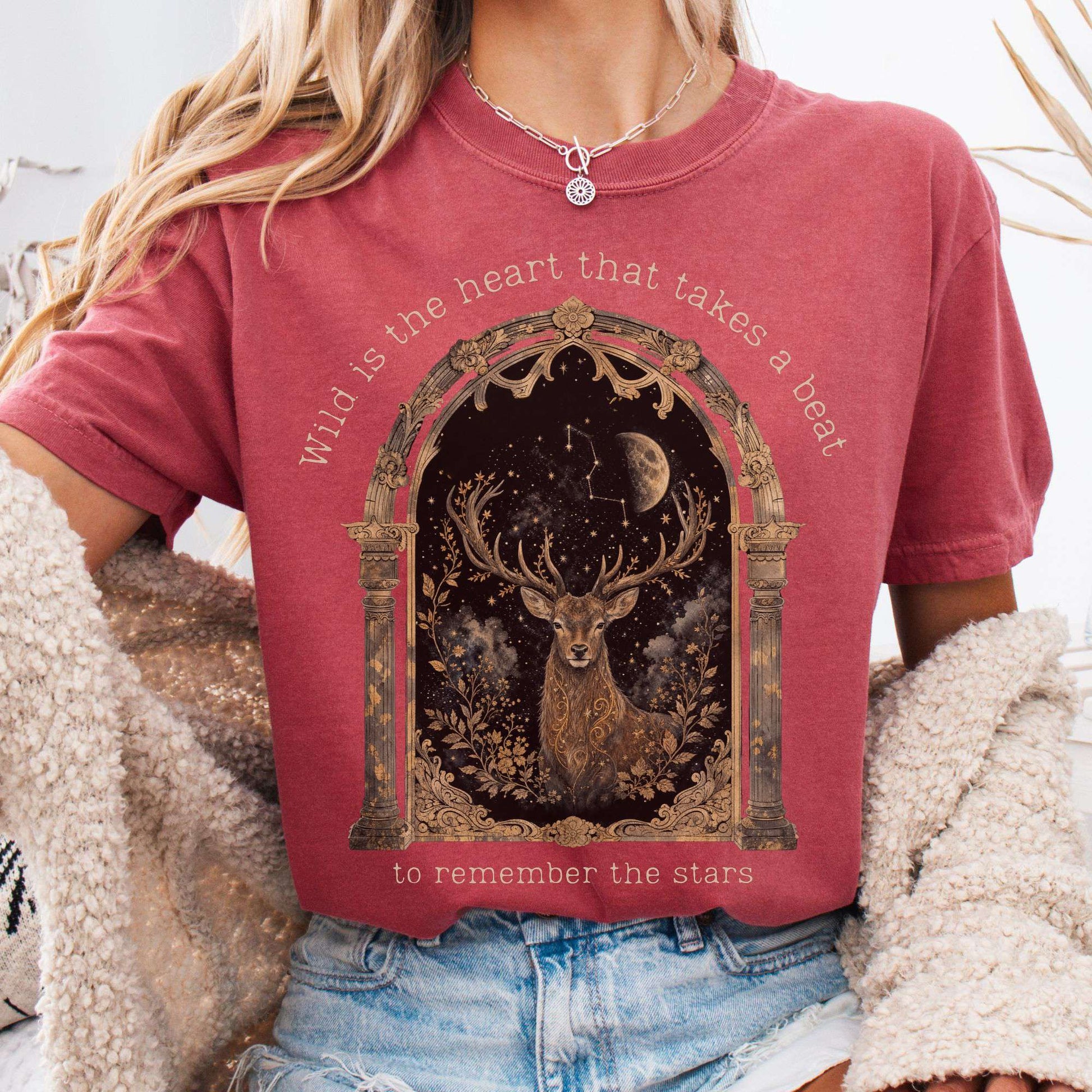 T-Shirt Crimson / S Wild Is the Heart Mythical Stag Stargazing T-Shirt The Mystic Eden
