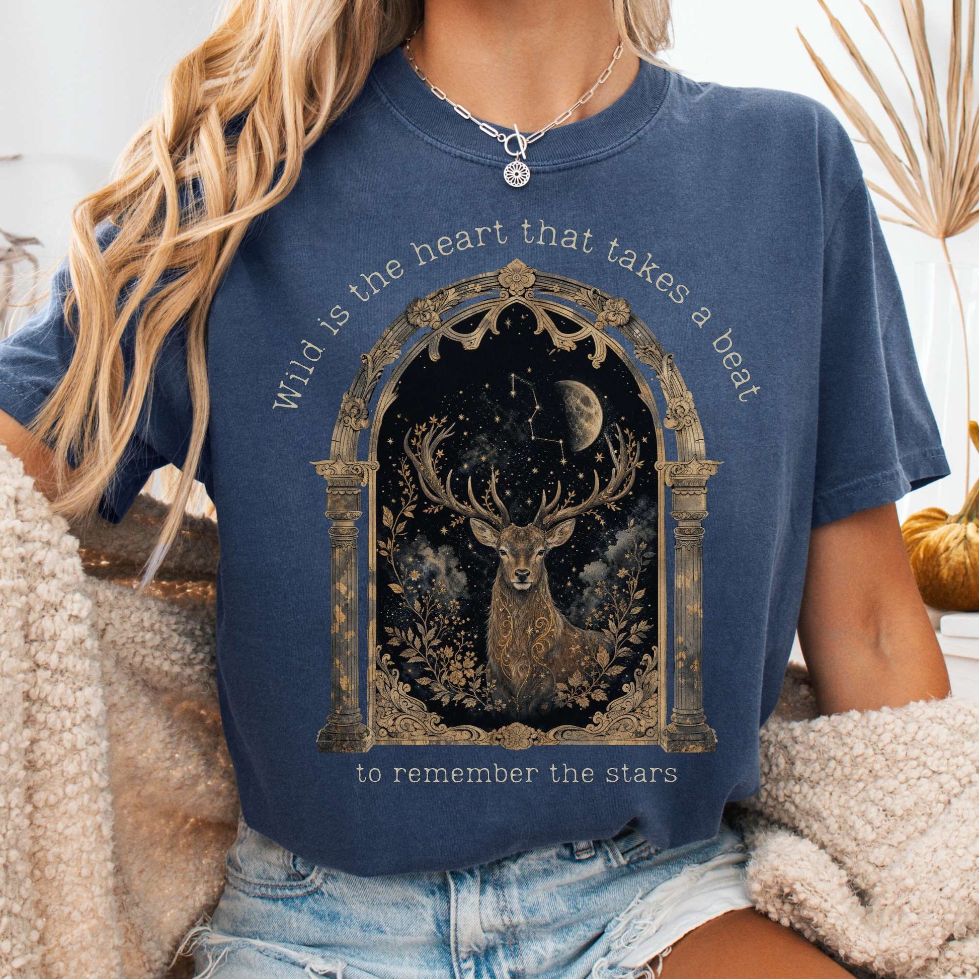 T-Shirt Denim / S Wild Is the Heart Mythical Stag Stargazing T-Shirt The Mystic Eden