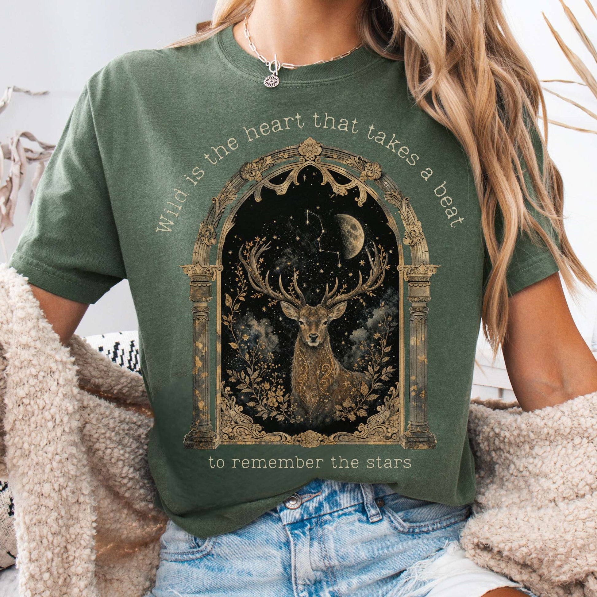 T-Shirt Moss / S Wild Is the Heart Mythical Stag Stargazing T-Shirt The Mystic Eden