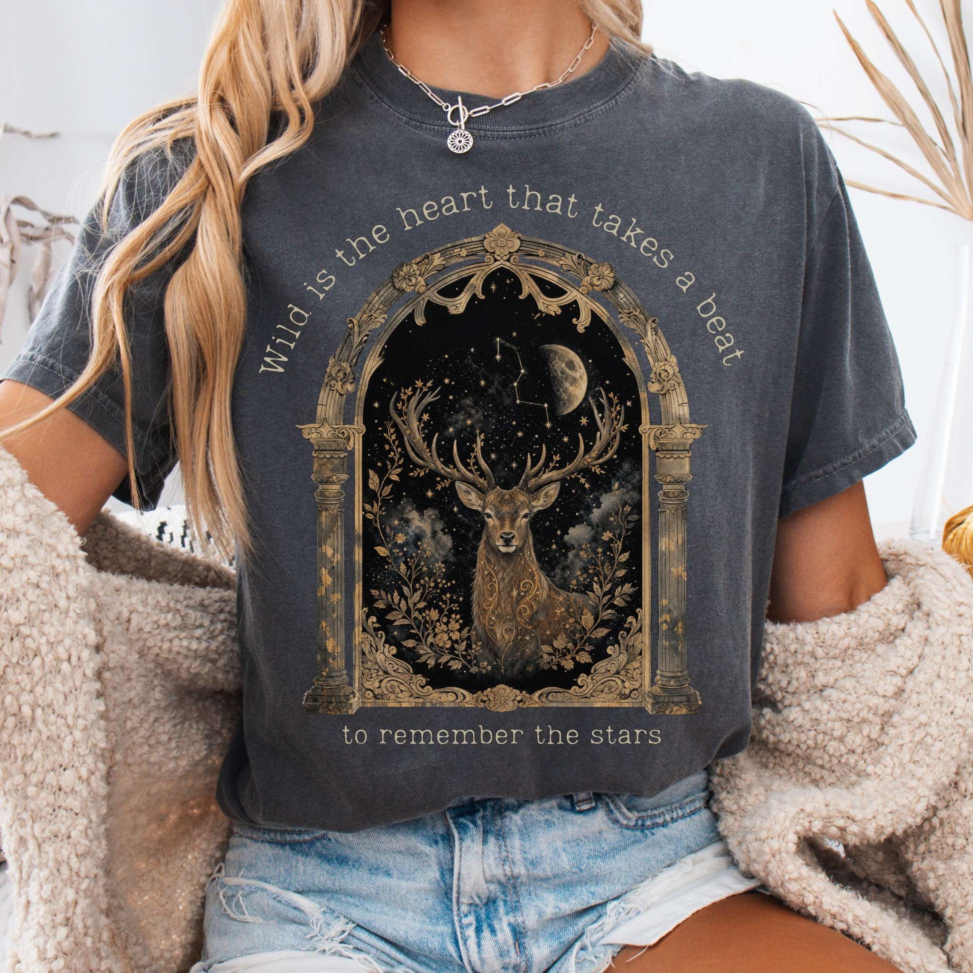 T-Shirt Pepper / S Wild Is the Heart Mythical Stag Stargazing T-Shirt The Mystic Eden