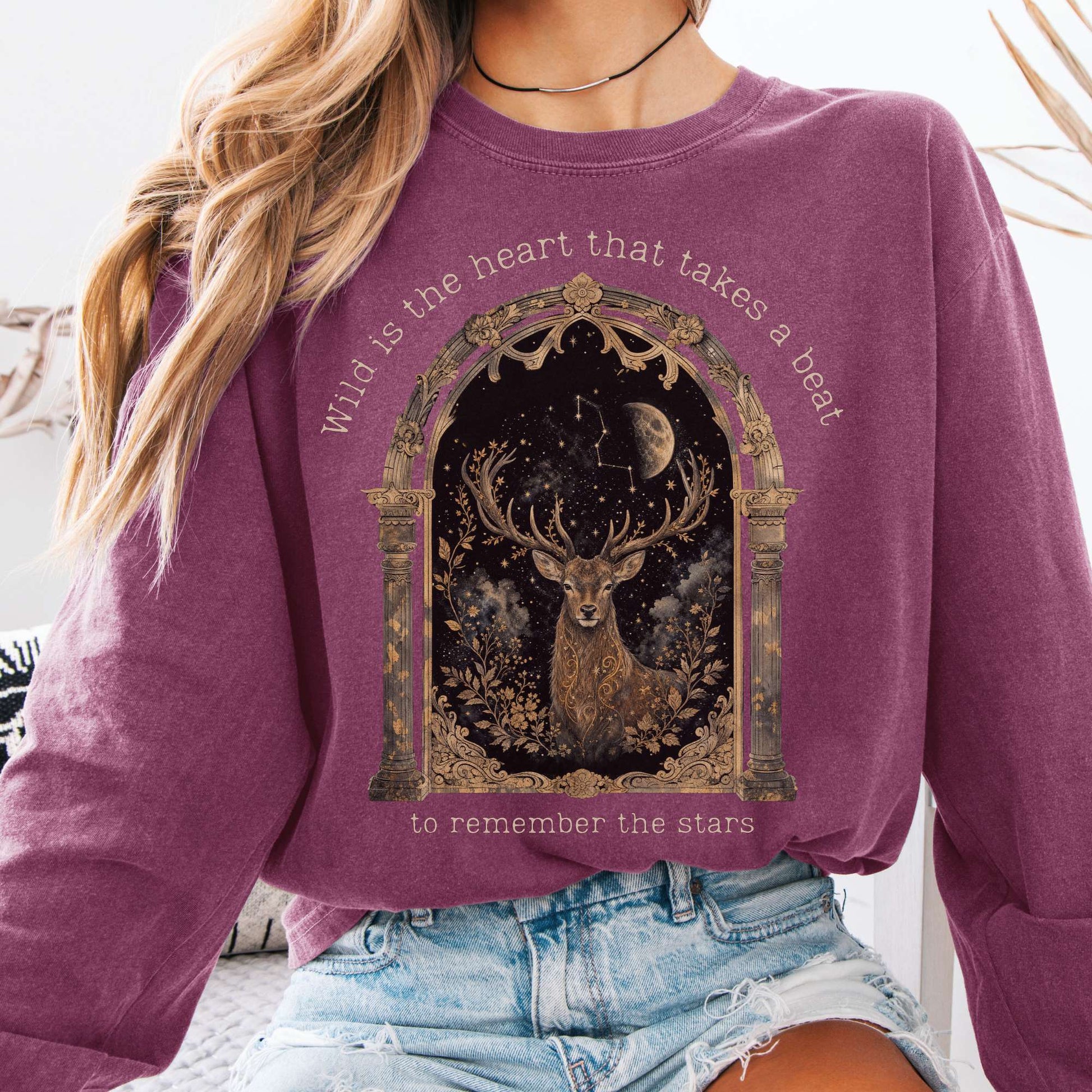 Long-sleeve Berry / S Wild Is the Heart Mythical Stag Stargazing Long Sleeve The Mystic Eden