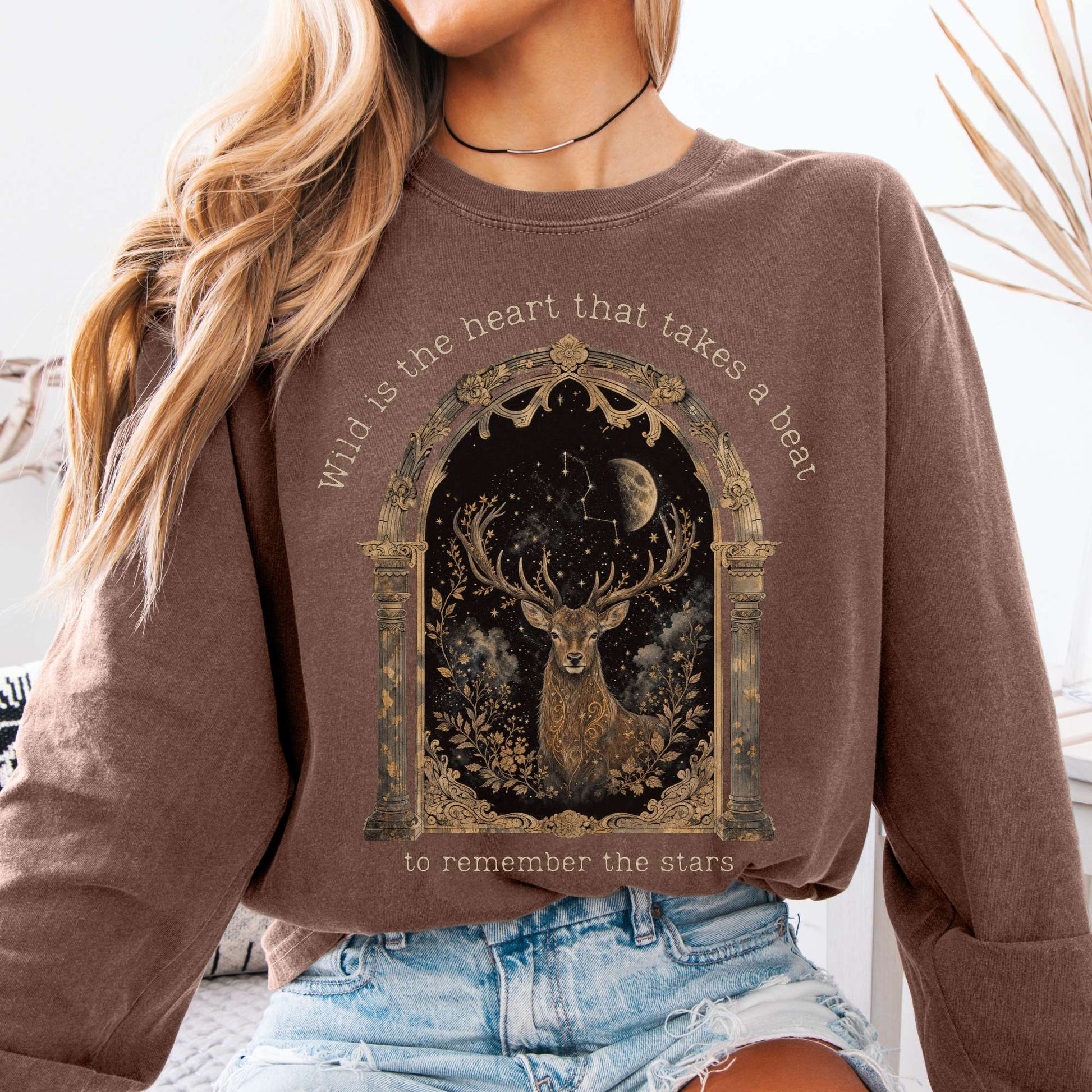 Long-sleeve Espresso / S Wild Is the Heart Mythical Stag Stargazing Long Sleeve The Mystic Eden