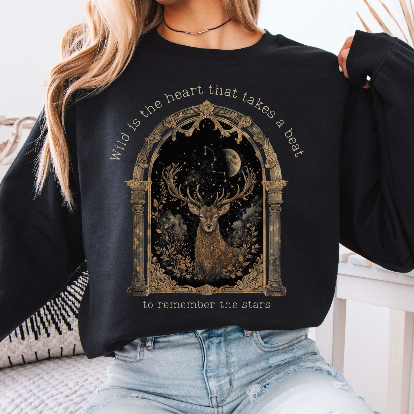 Sweatshirt Black / S Wild Is the Heart Mythical Stag Stargazing Crewneck Sweatshirt The Mystic Eden