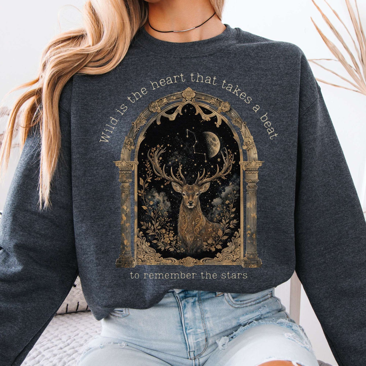 Sweatshirt Dark Heather / S Wild Is the Heart Mythical Stag Stargazing Crewneck Sweatshirt The Mystic Eden