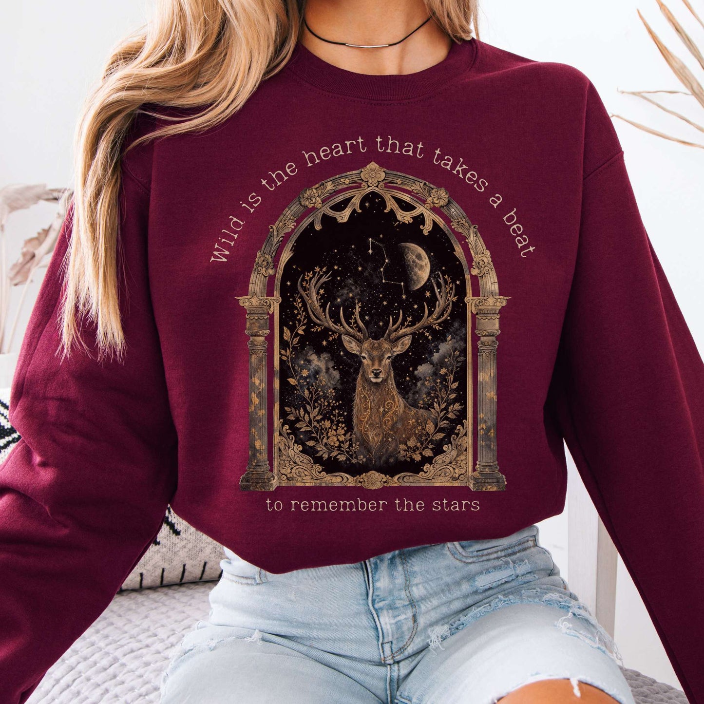 Sweatshirt Maroon / S Wild Is the Heart Mythical Stag Stargazing Crewneck Sweatshirt The Mystic Eden