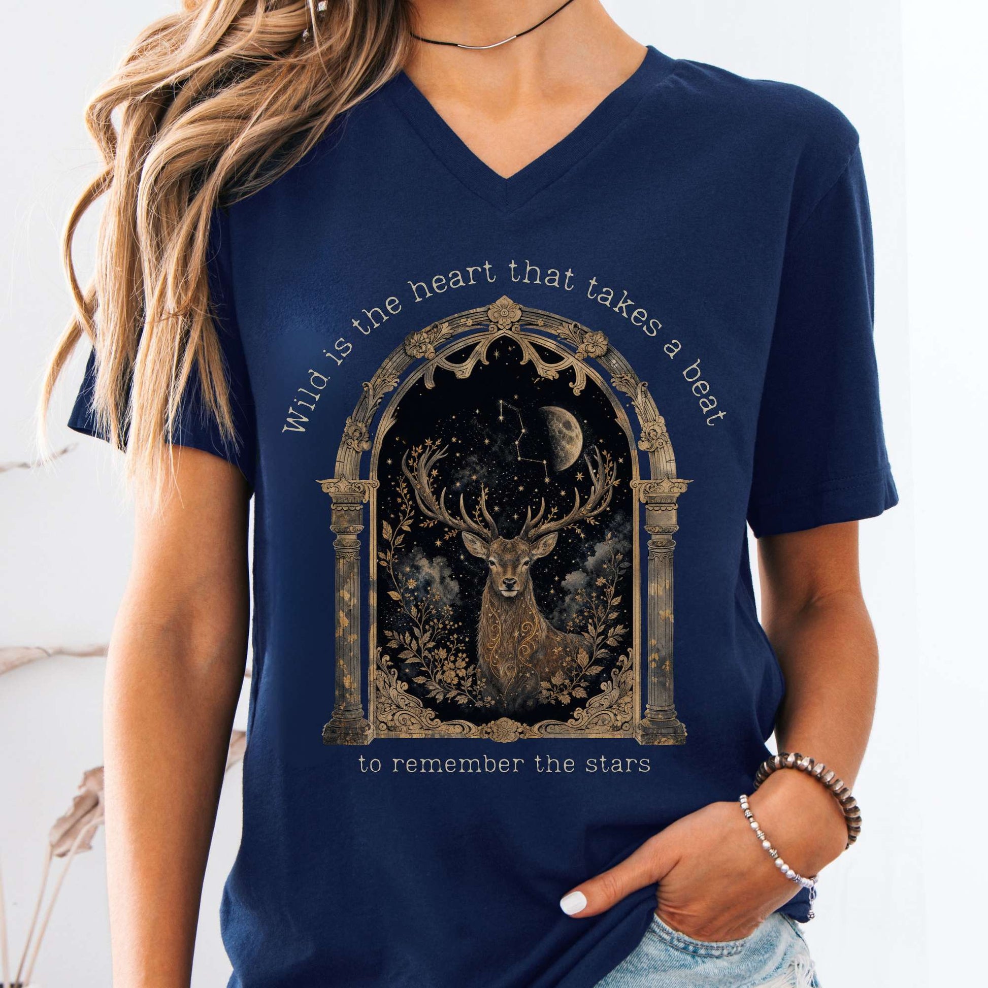 V-neck Navy / S Wild Is the Heart Mythical Stag Stargazing V-Neck The Mystic Eden