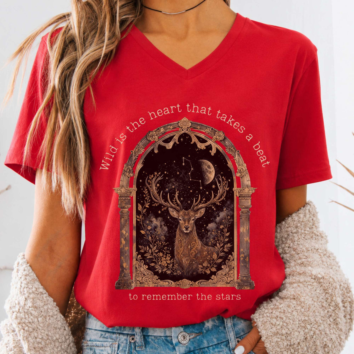 Wild Is the Heart Mythical Stag Stargazing V-Neck