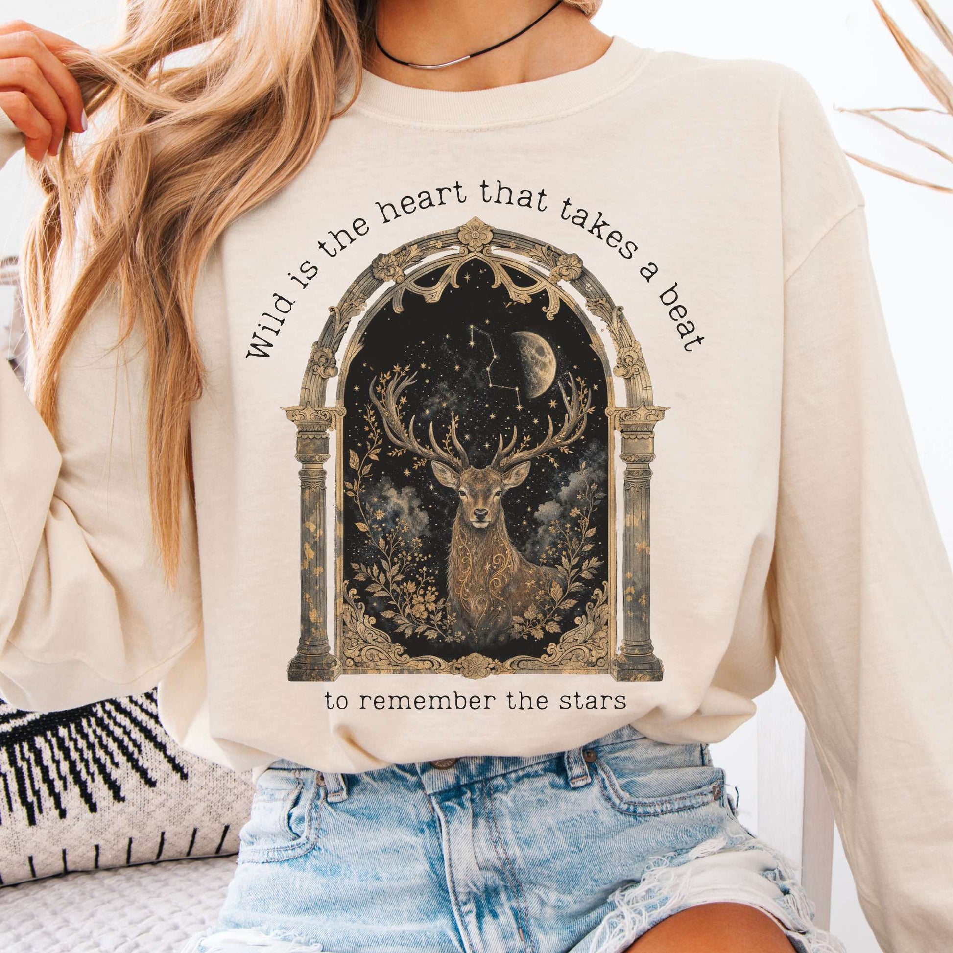 Long-sleeve Ivory / S Wild Is the Heart Mythical Stag Stargazing Long Sleeve The Mystic Eden