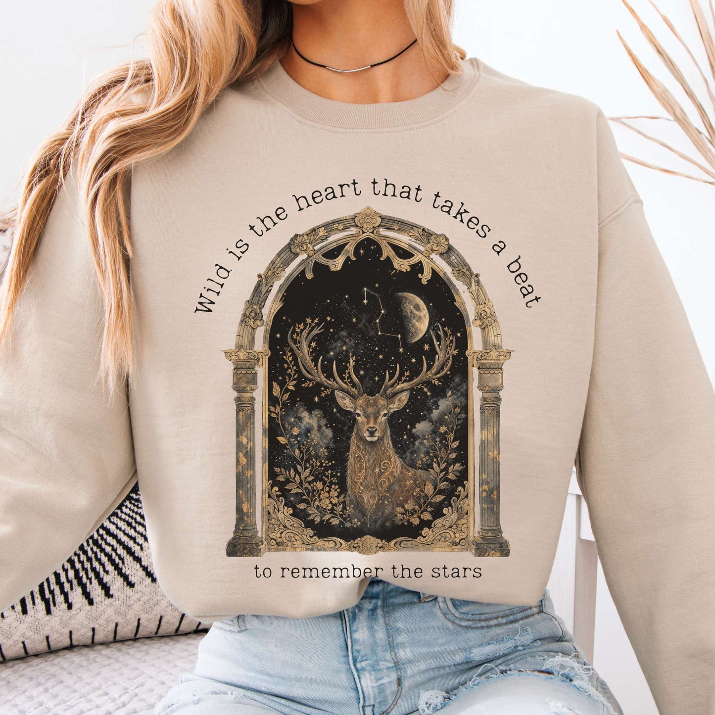 Sweatshirt Sand / S Wild Is the Heart Mythical Stag Stargazing Crewneck Sweatshirt The Mystic Eden