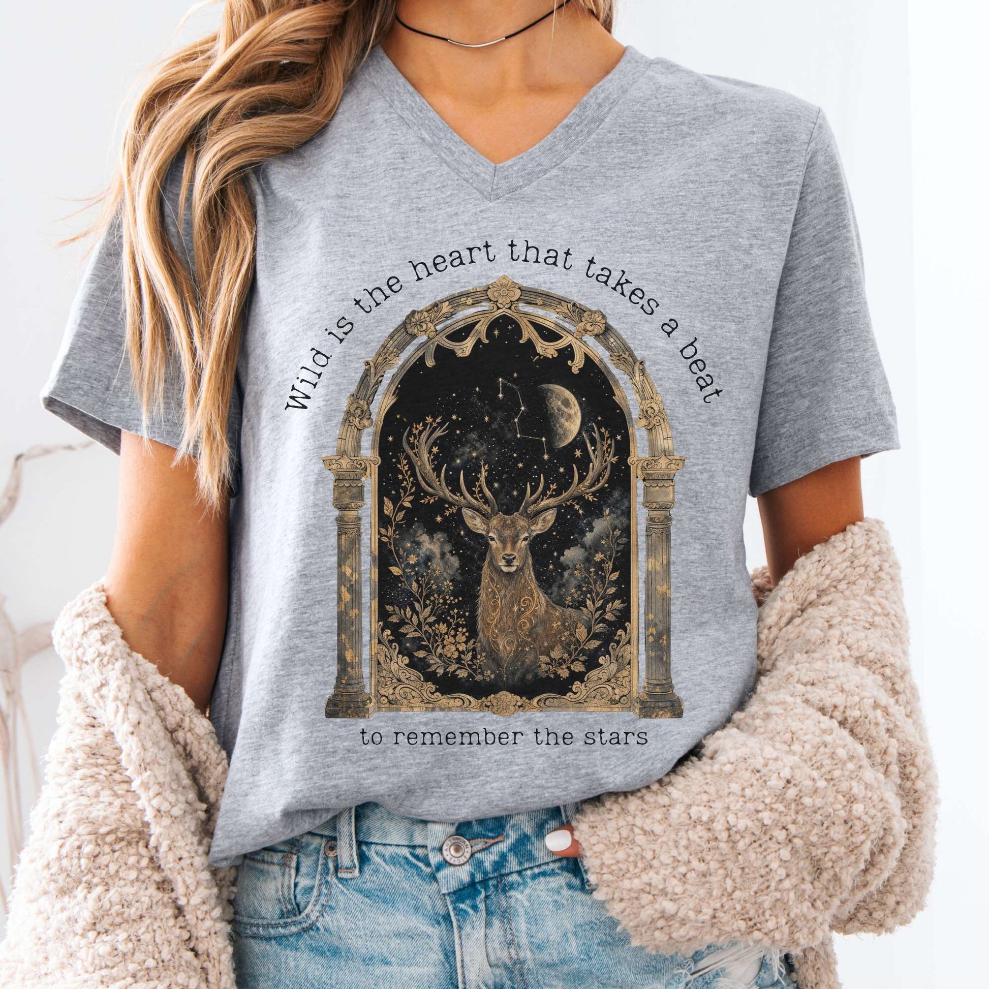 V-neck Athletic Heather / S Wild Is the Heart Mythical Stag Stargazing V-Neck The Mystic Eden