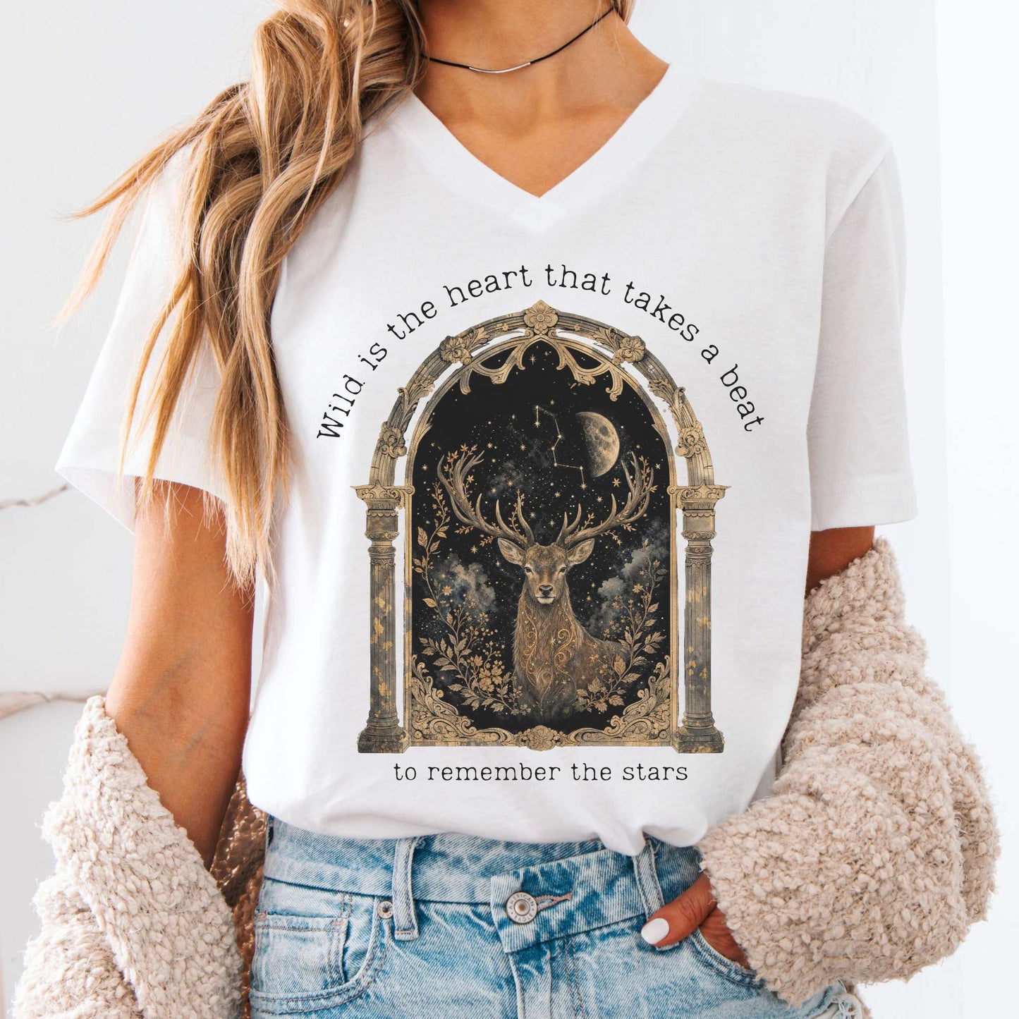 V-neck White / S Wild Is the Heart Mythical Stag Stargazing V-Neck The Mystic Eden