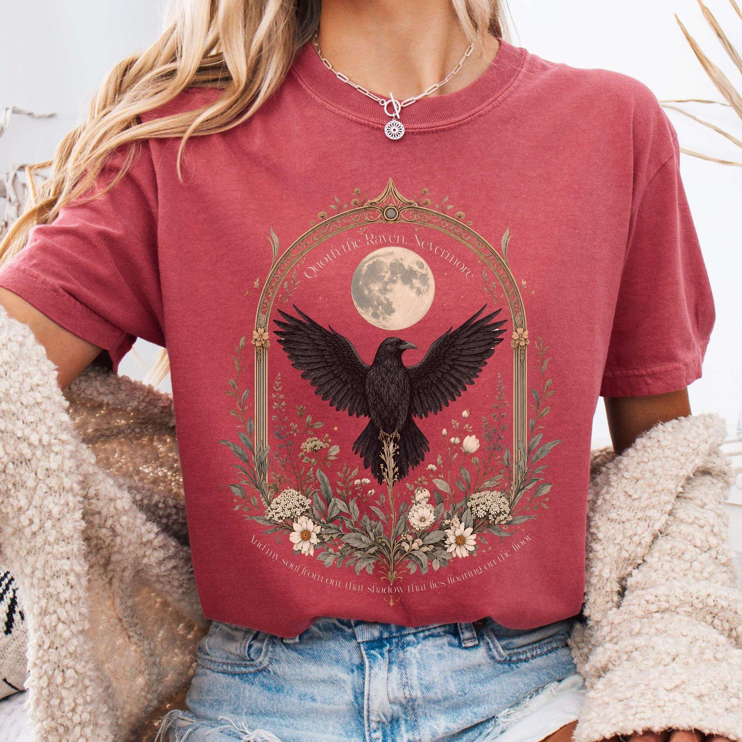 T-Shirt Crimson / S Quoth the Raven, Nevermore Poe Literary T-Shirt The Mystic Eden