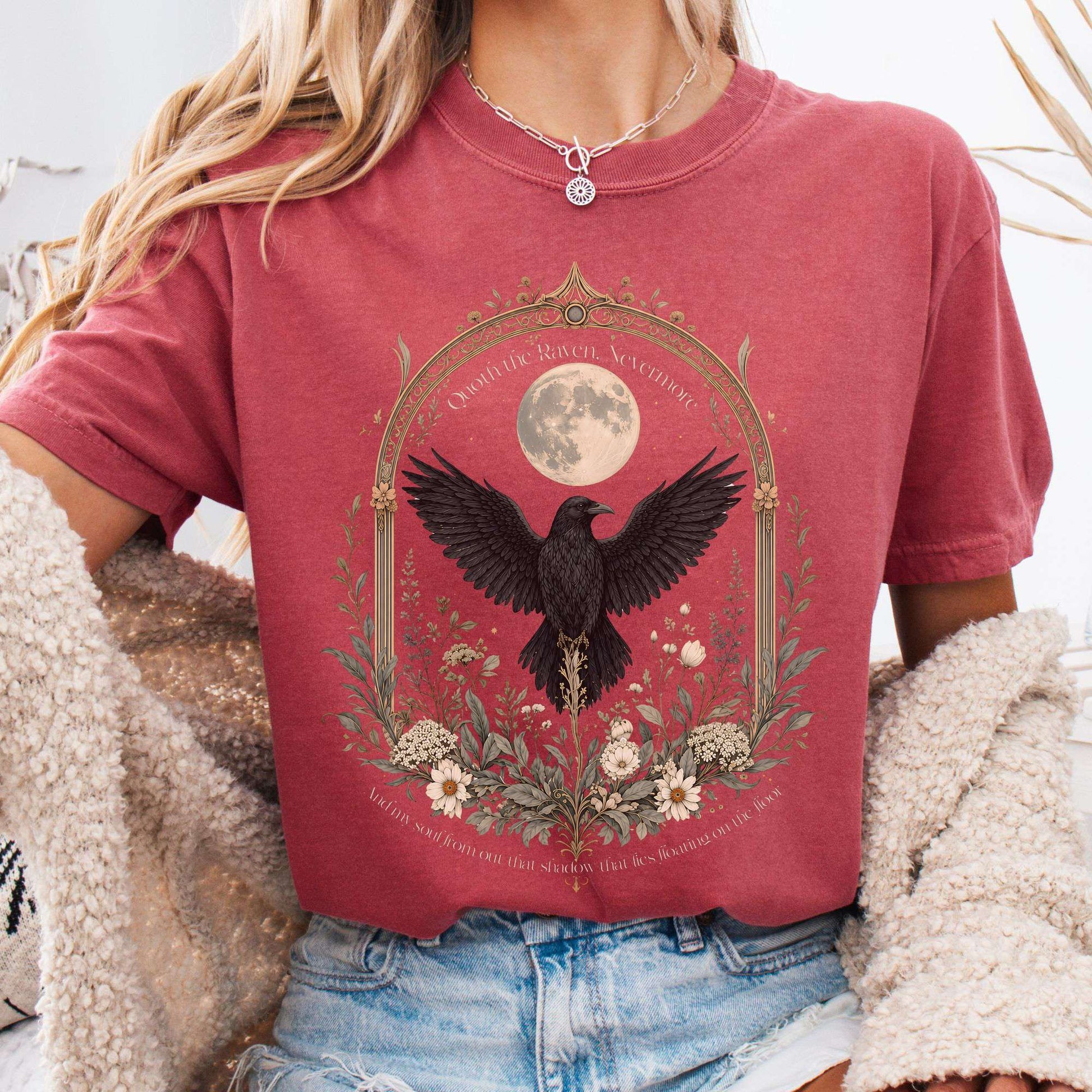 T-Shirt Crimson / S Quoth the Raven, Nevermore Poe Literary T-Shirt The Mystic Eden