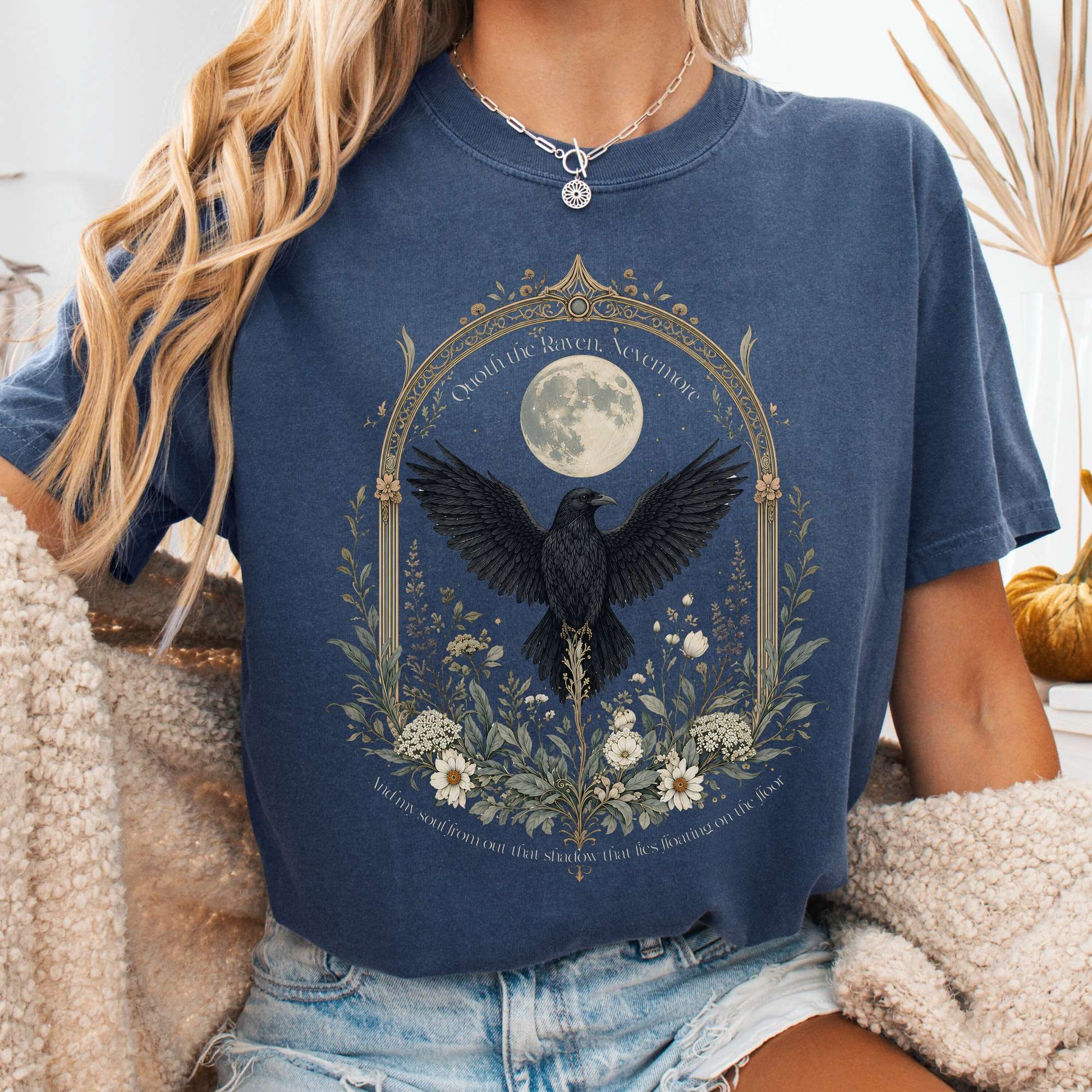 T-Shirt Denim / S Quoth the Raven, Nevermore Poe Literary T-Shirt The Mystic Eden