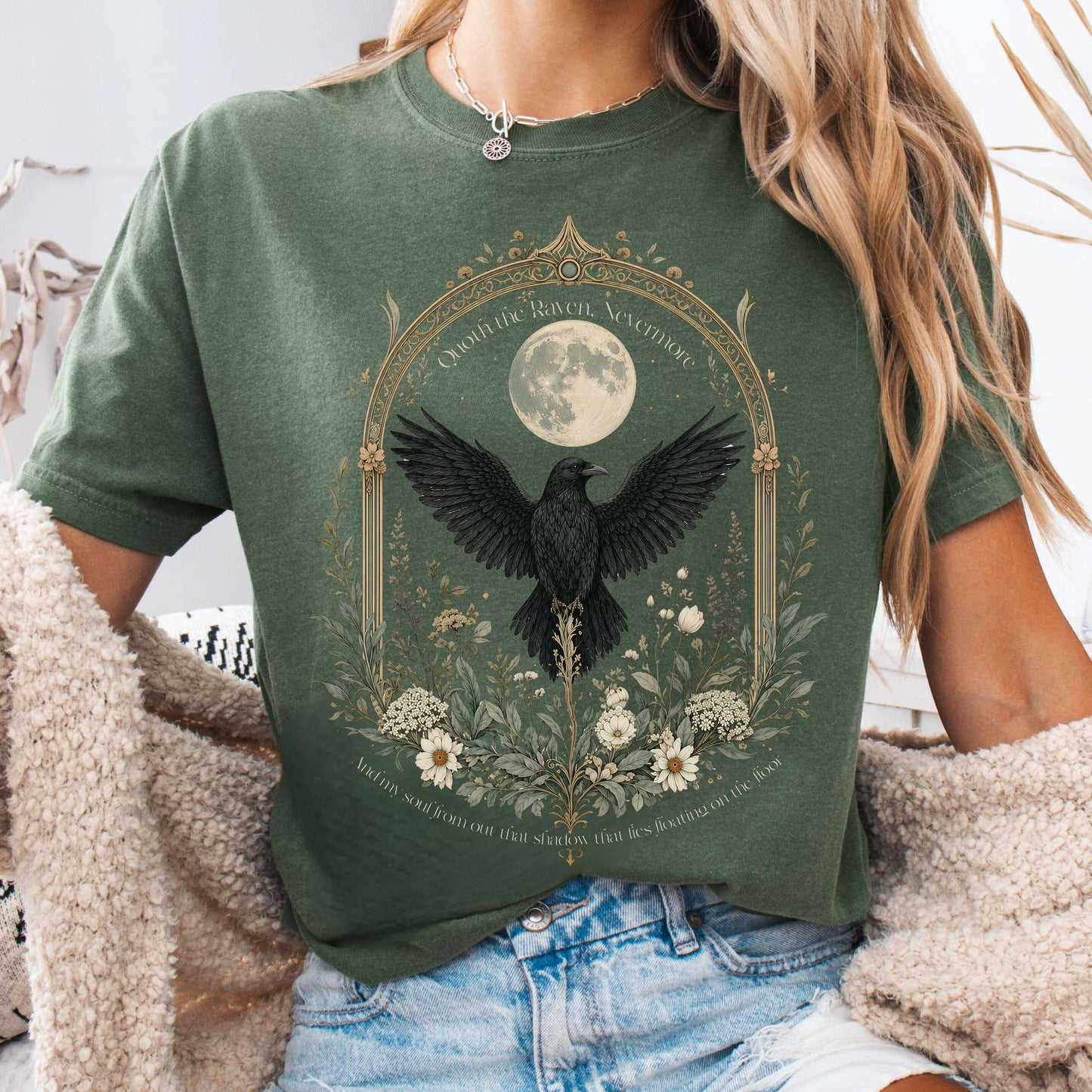 T-Shirt Moss / S Quoth the Raven, Nevermore Poe Literary T-Shirt The Mystic Eden