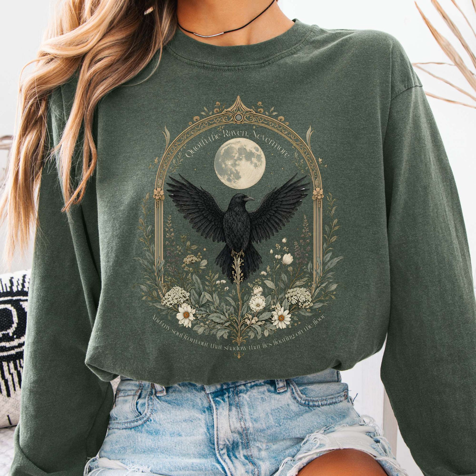 Long-sleeve Hemp / S Quoth the Raven, Nevermore Poe Literary Long Sleeve The Mystic Eden