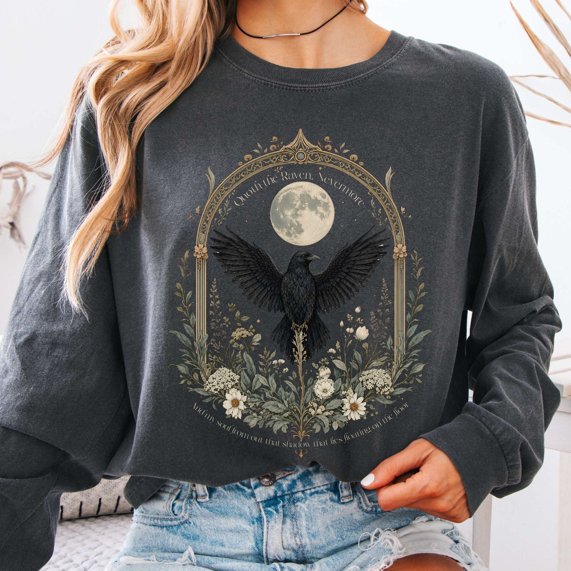 Long-sleeve Pepper / S Quoth the Raven, Nevermore Poe Literary Long Sleeve The Mystic Eden