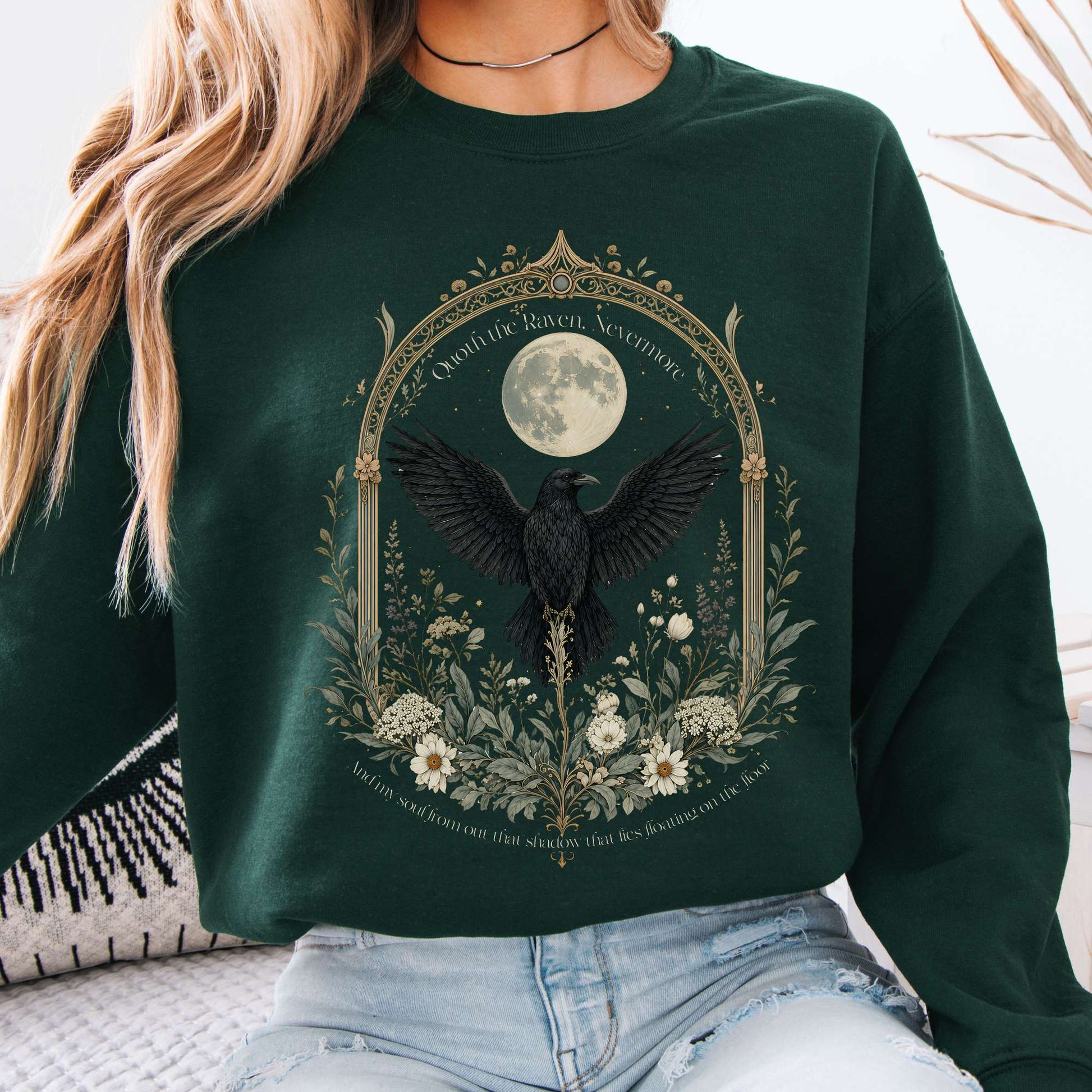 Sweatshirt Forest Green / S Quoth the Raven, Nevermore Poe Literary Crewneck Sweatshirt The Mystic Eden