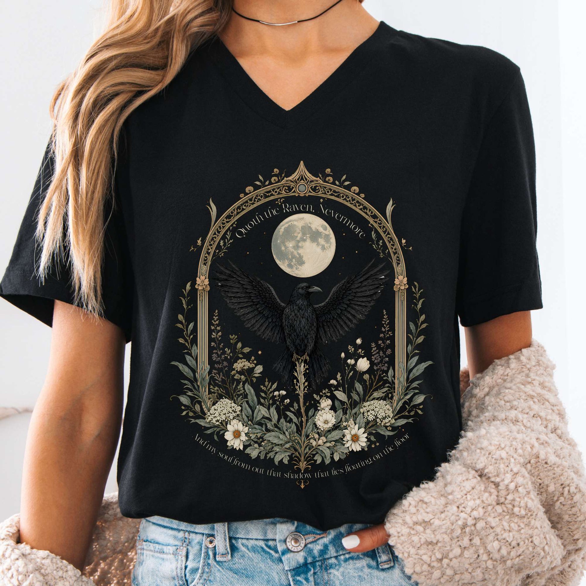 V-neck Black / S Quoth the Raven, Nevermore Poe Literary V-Neck The Mystic Eden