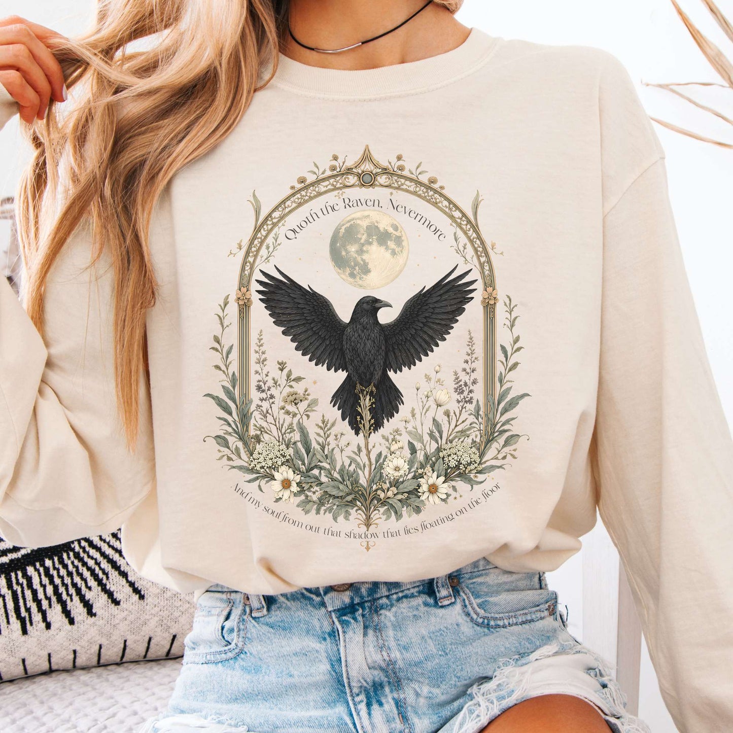 Long-sleeve Ivory / S Quoth the Raven, Nevermore Poe Literary Long Sleeve The Mystic Eden