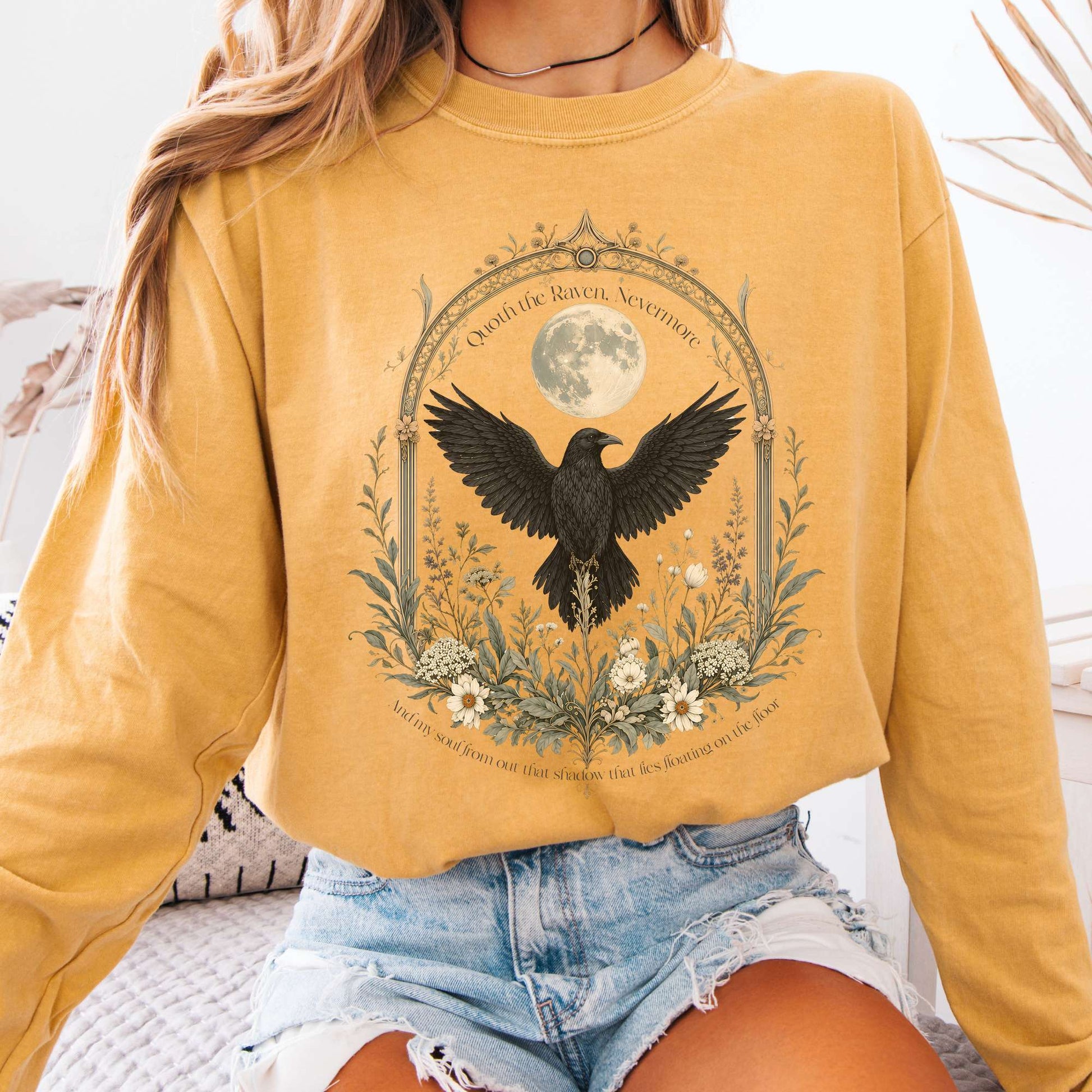 Long-sleeve Mustard / S Quoth the Raven, Nevermore Poe Literary Long Sleeve The Mystic Eden