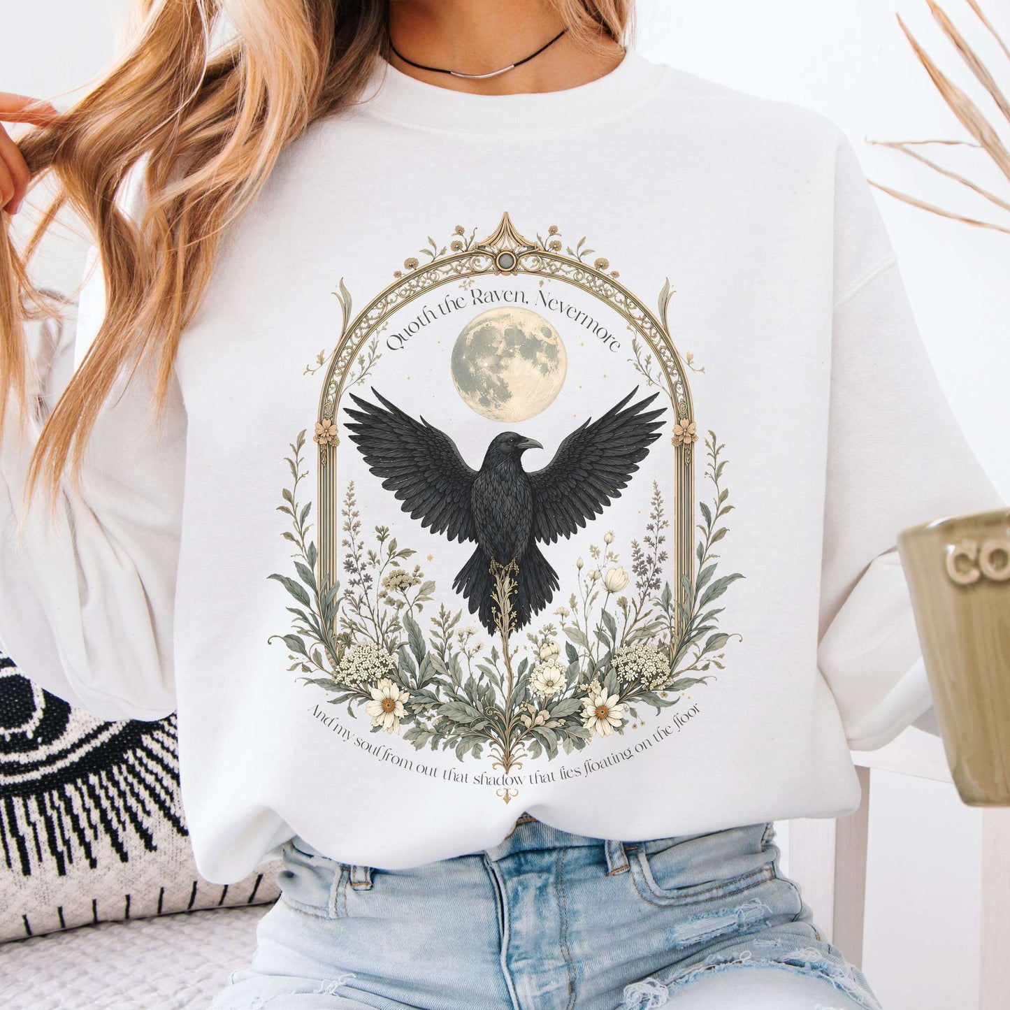Sweatshirt White / S Quoth the Raven, Nevermore Poe Literary Crewneck Sweatshirt The Mystic Eden