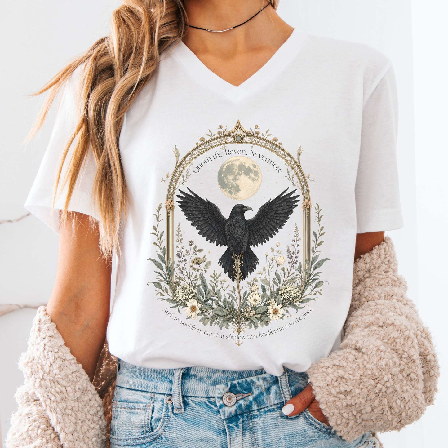 V-neck White / S Quoth the Raven, Nevermore Poe Literary V-Neck The Mystic Eden