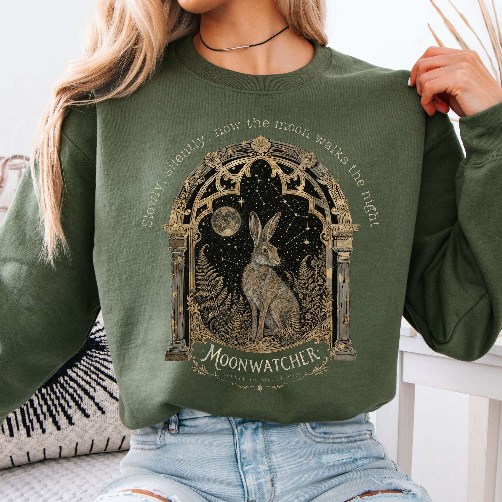 Sweatshirt Military Green / S Slowly, Silently, Now the Moon Walter de la Mare Literary Crewneck Sweatshirt The Mystic Eden