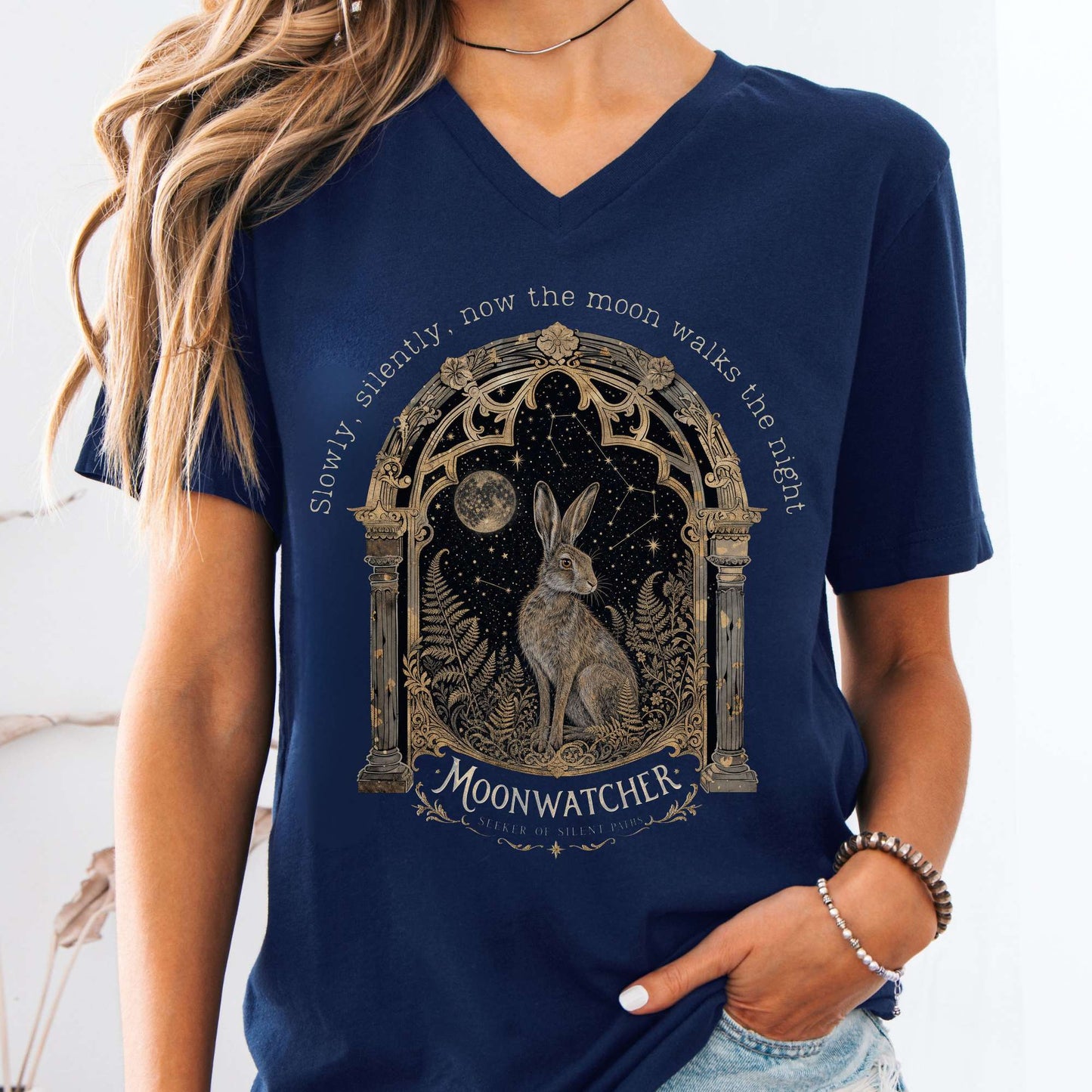 V-neck Navy / S Slowly, Silently, Now the Moon Walter de la Mare Literary V-Neck The Mystic Eden