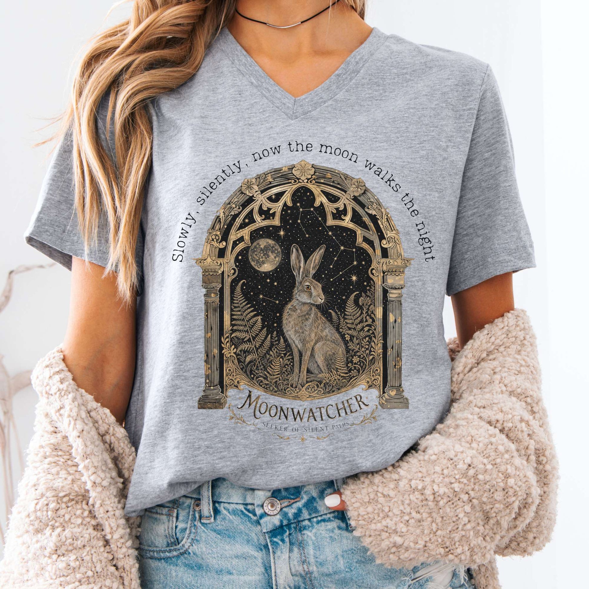 V-neck Athletic Heather / S Slowly, Silently, Now the Moon Walter de la Mare Literary V-Neck The Mystic Eden