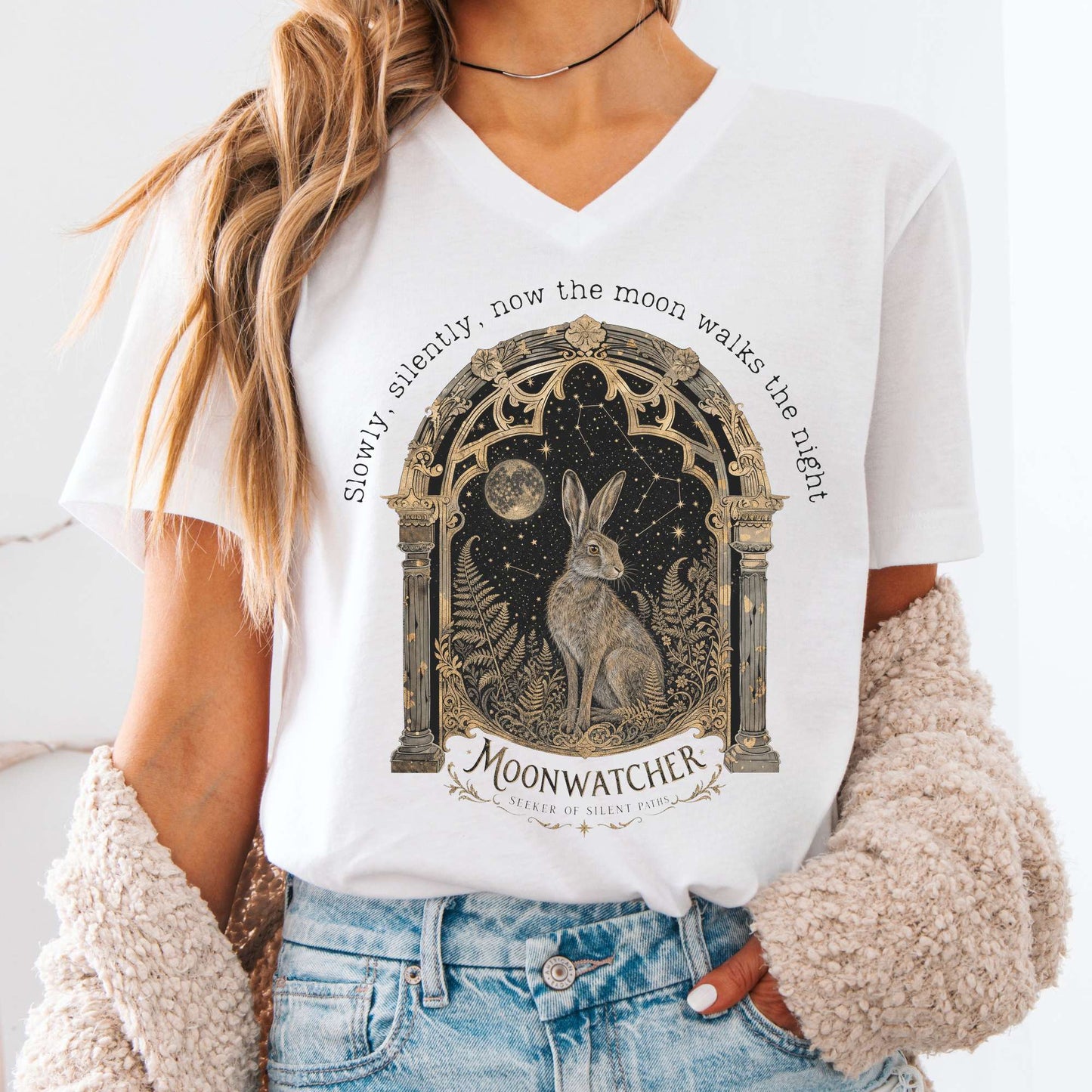 V-neck White / S Slowly, Silently, Now the Moon Walter de la Mare Literary V-Neck The Mystic Eden