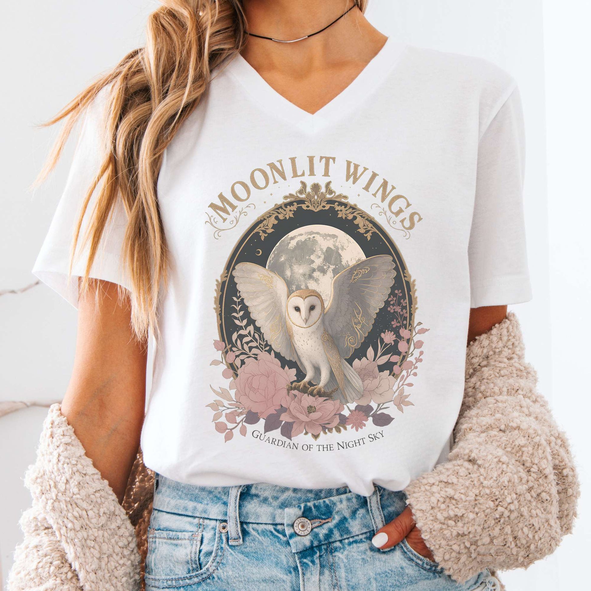 V-neck White / S Moonlit Wings Celtic Folklore V-Neck The Mystic Eden