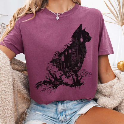 T-Shirt Berry / S The Cat and the Library Literary T-Shirt The Mystic Eden