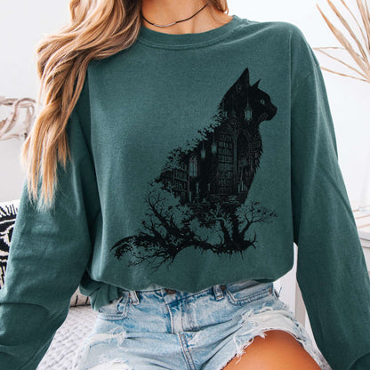 Long-sleeve Blue Spruce / S The Cat and the Library Literary Long Sleeve The Mystic Eden
